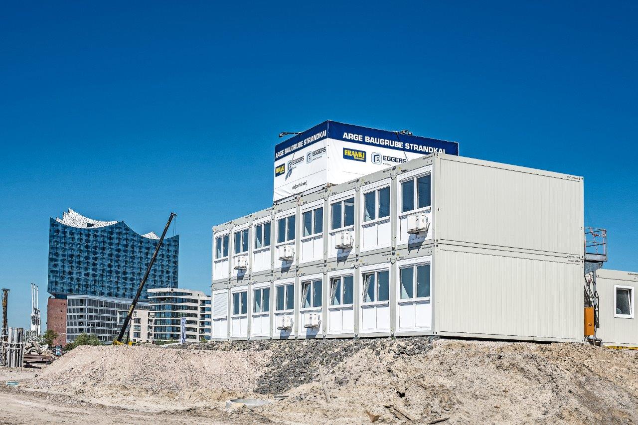 ELA Container - Werkstatt- und Lagercontainer Großbaustelle in Hamburg schräge Ansicht